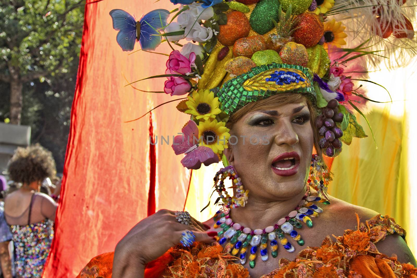 SAO PAULO, BRAZIL - June 7, 2015: An unidentified Drag Queen dressed in traditional costume celebrating lesbian, gay, bisexual, and transgender culture in the 19º Pride Parade Sao Paulo.