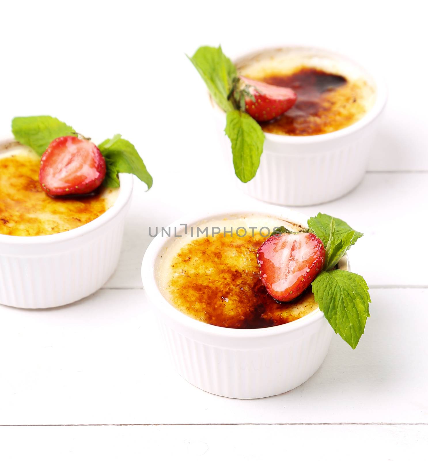 Dessert. Delicious creme brulee on the table