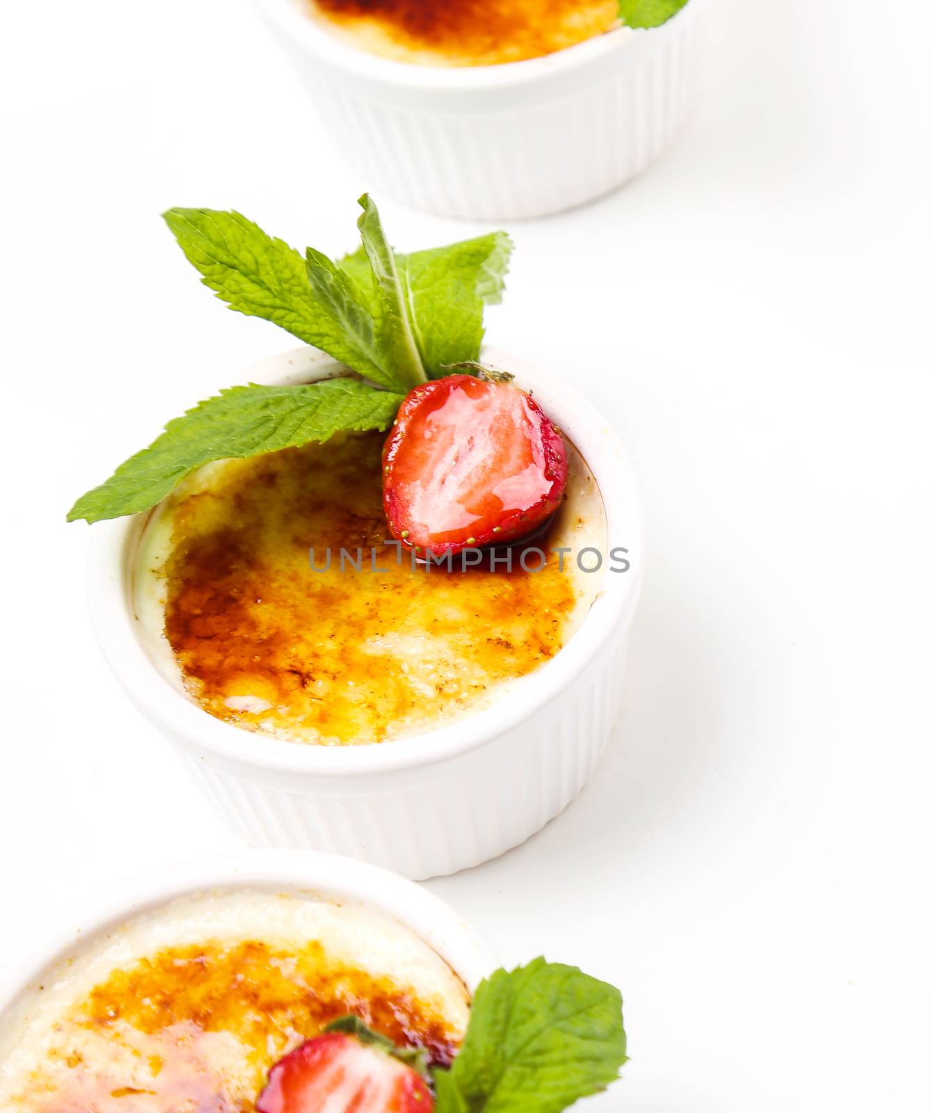 Dessert. Delicious creme brulee on the table