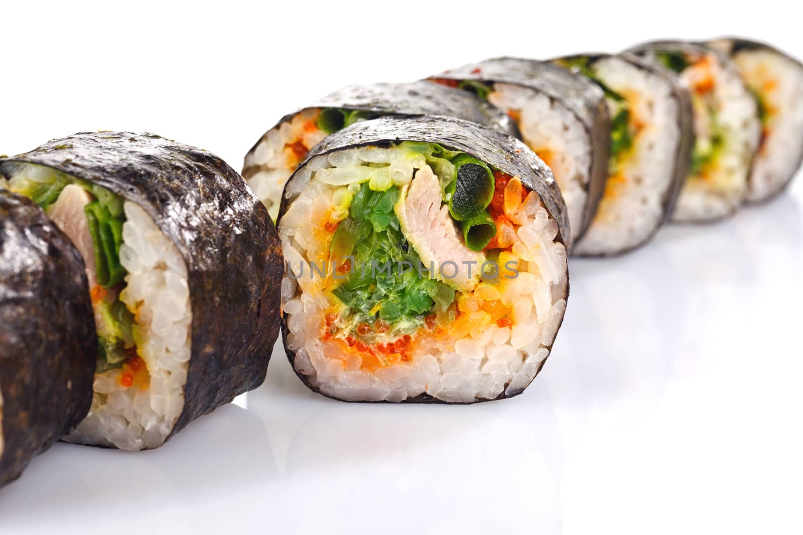 traditional fresh japanese sushi rolls solated on white background