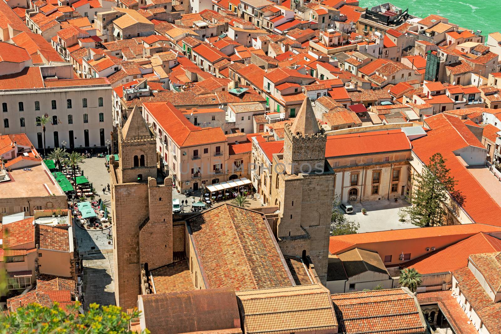 View on the Cathedral Square of Cefalu from the mountain over the city, Sicily