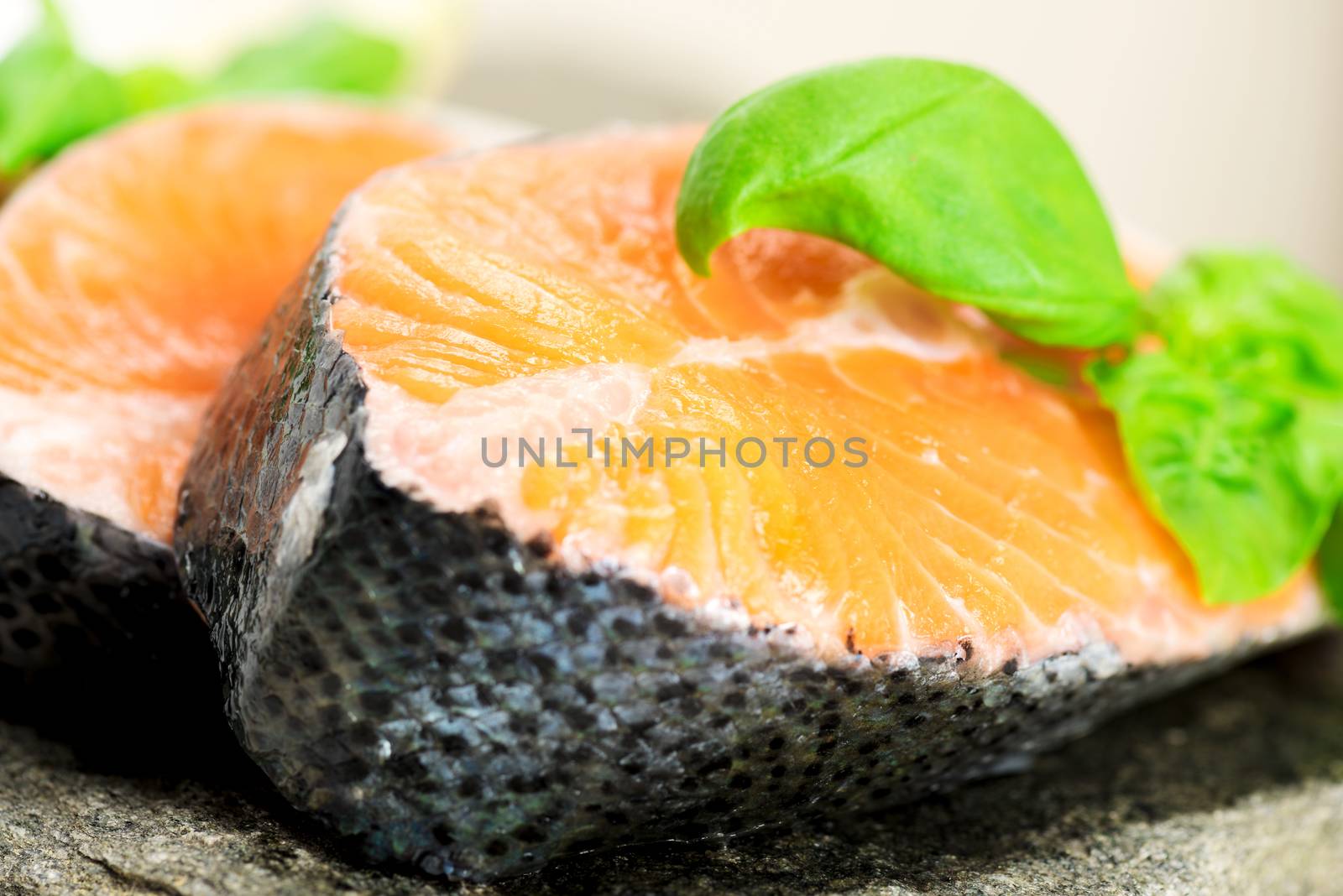 Salmon cuts on stone with basil and lemon macro