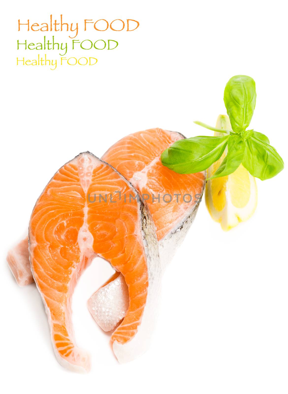 Salmon with basil and lemon isolated, copy space by Nanisimova