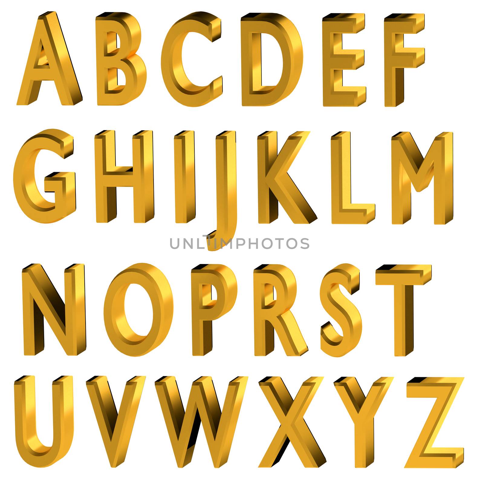 Gold 3d font. English alphabet with black shadow