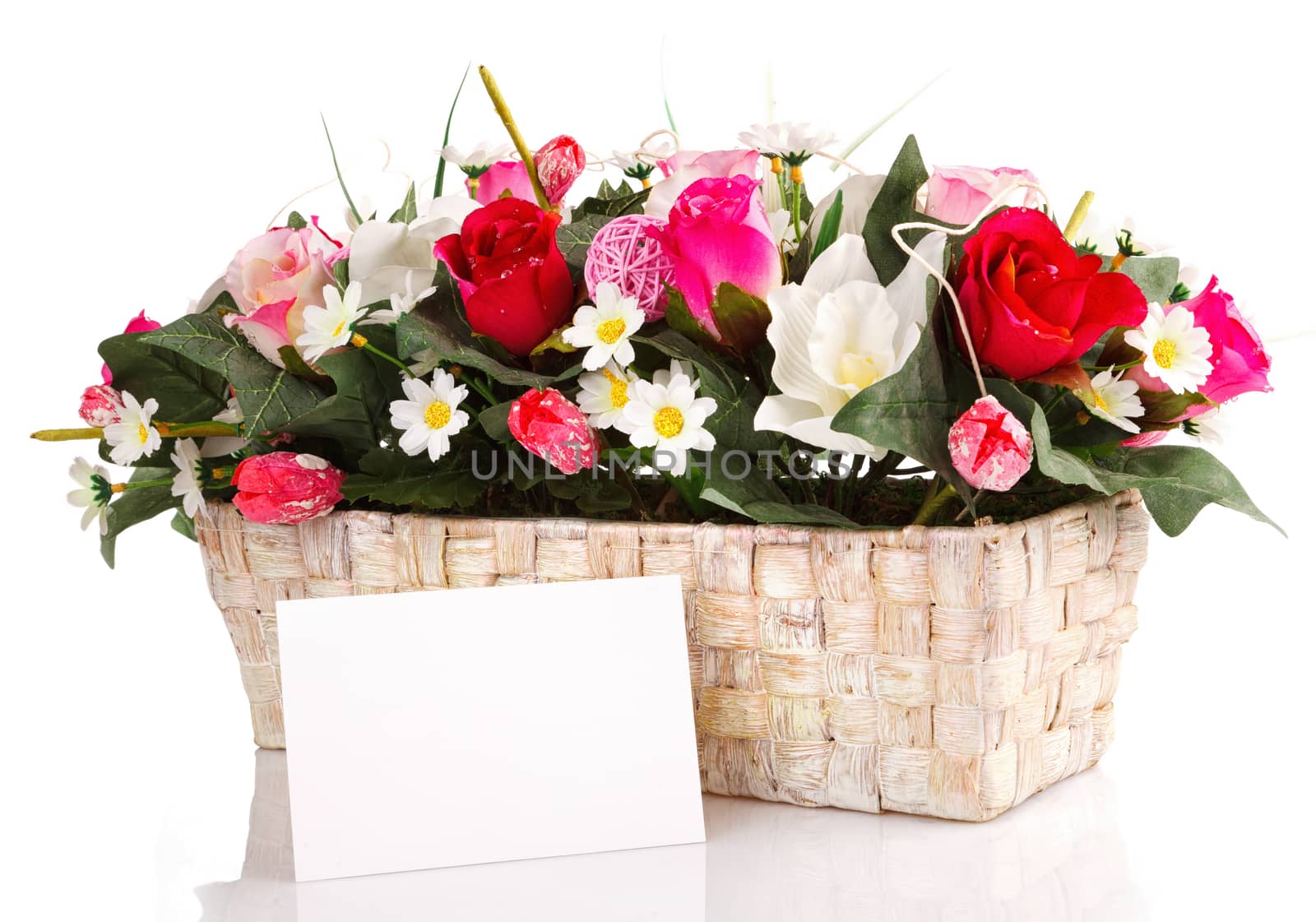 decorated flowers basket vith with blank card isolated