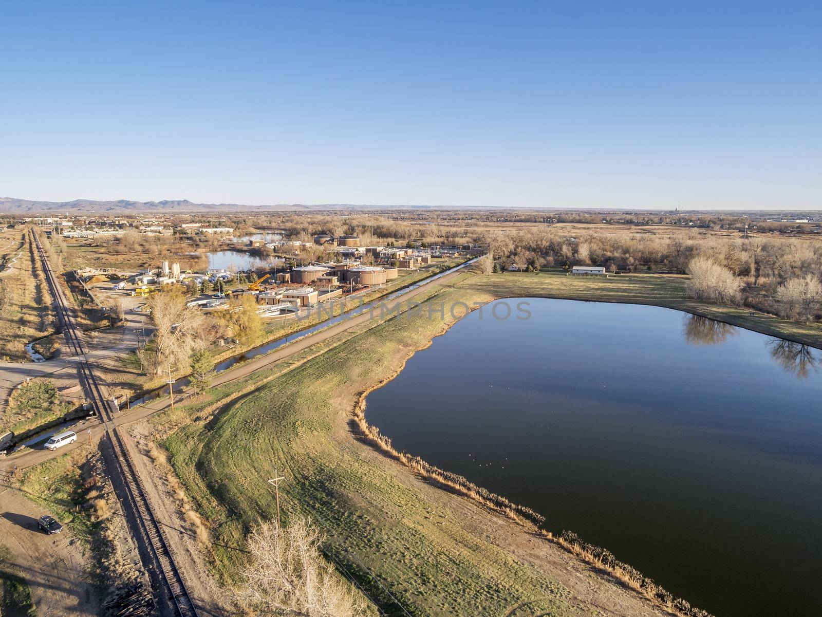 FORT COLLINS, CO, USA - MARCH 28, 2015: Aerial view of Drake Water Reclamation Facility, one of city waste water treatment plants,  and Environmental Learning Center