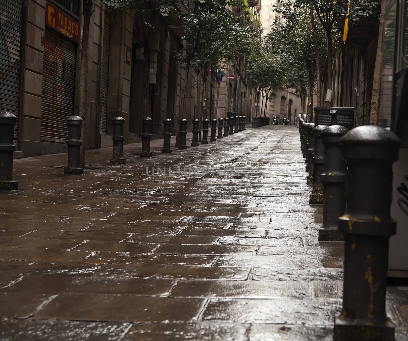 A wet street with some leding lines and poles