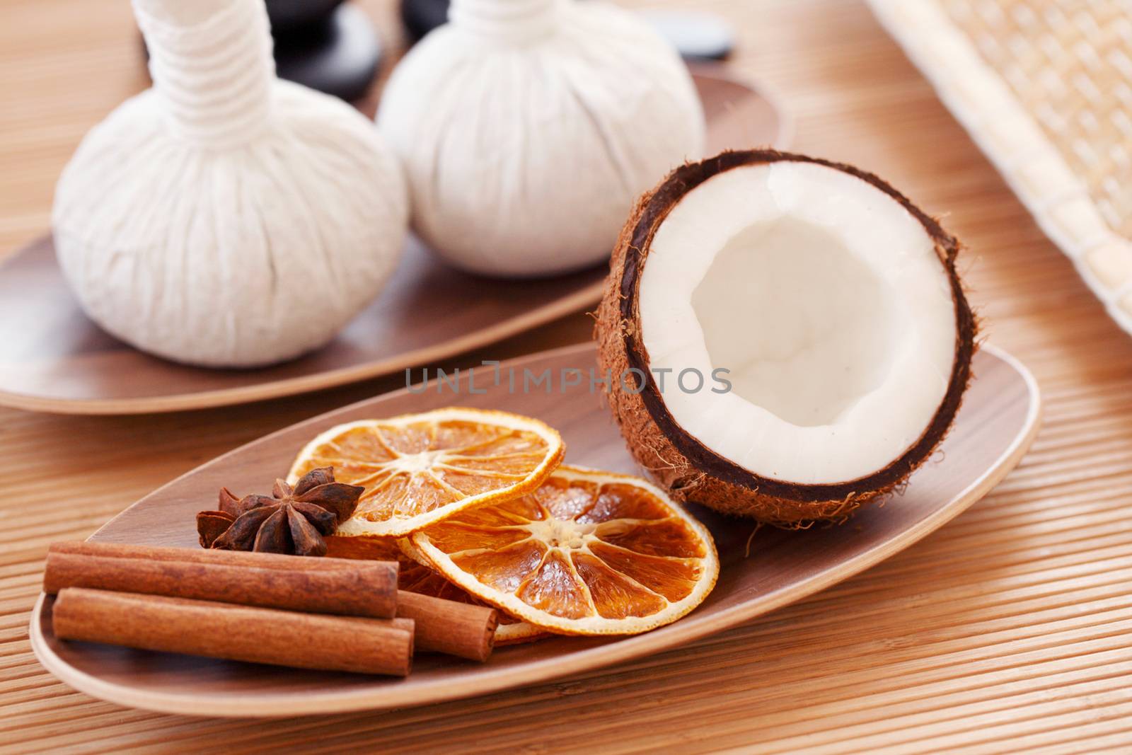 spa set with coconut, salt and stones
