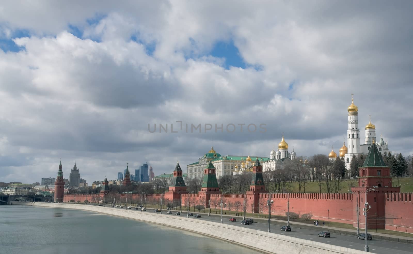 Kremlin Embankment in Moscow in cloudy weather in spring