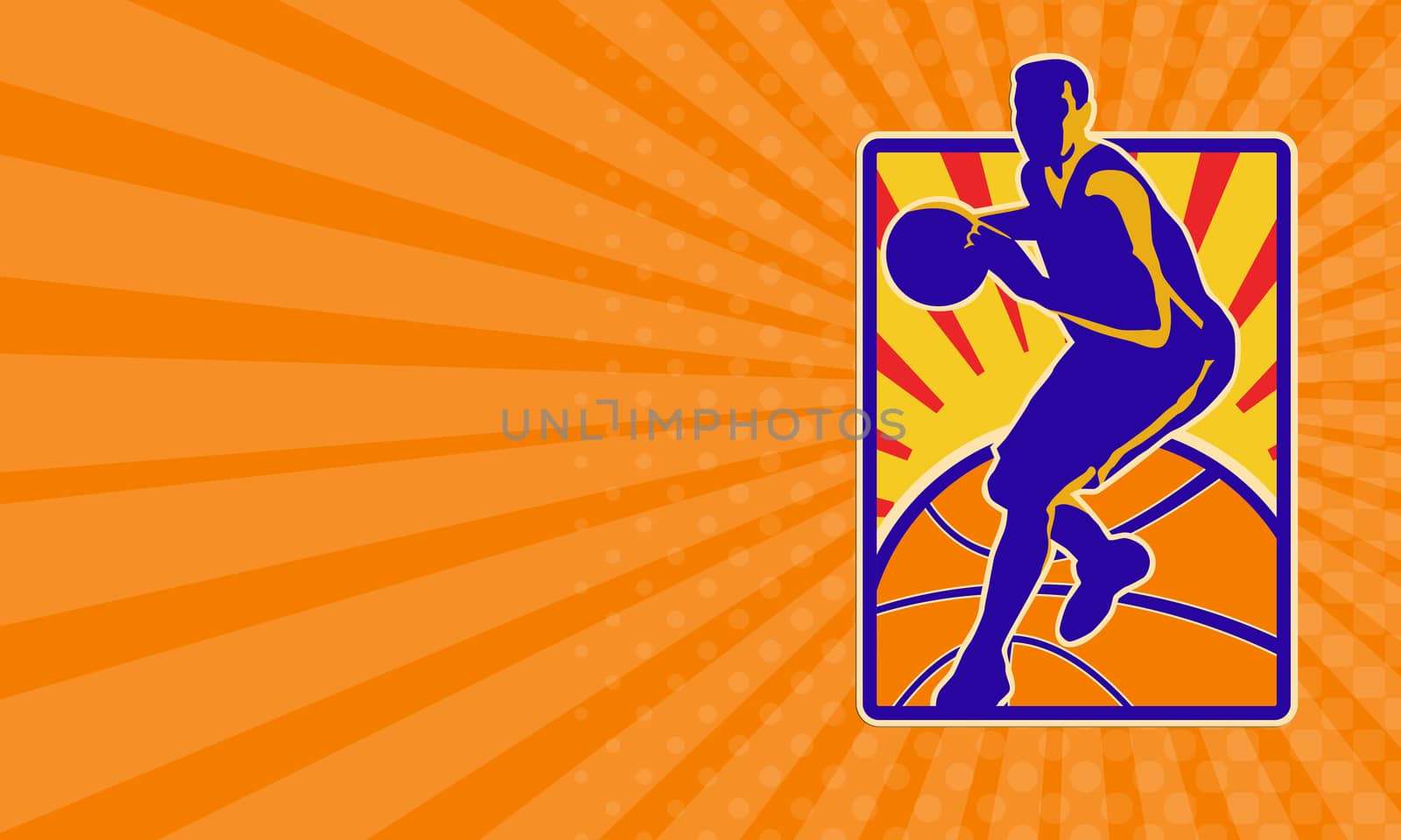 Business card showing illustration of a basketball player dribbling ball set inside rectangle with sunburst on isolated white background.