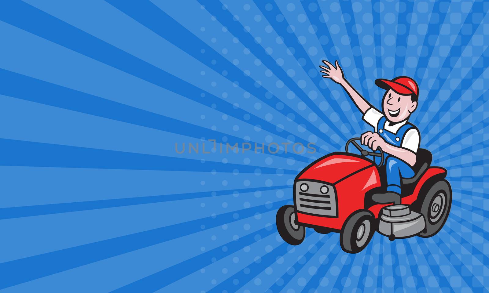 Business card showing villustration of a farmer gardener riding ride on mower tractor waving hello on isolated background done in cartoon style