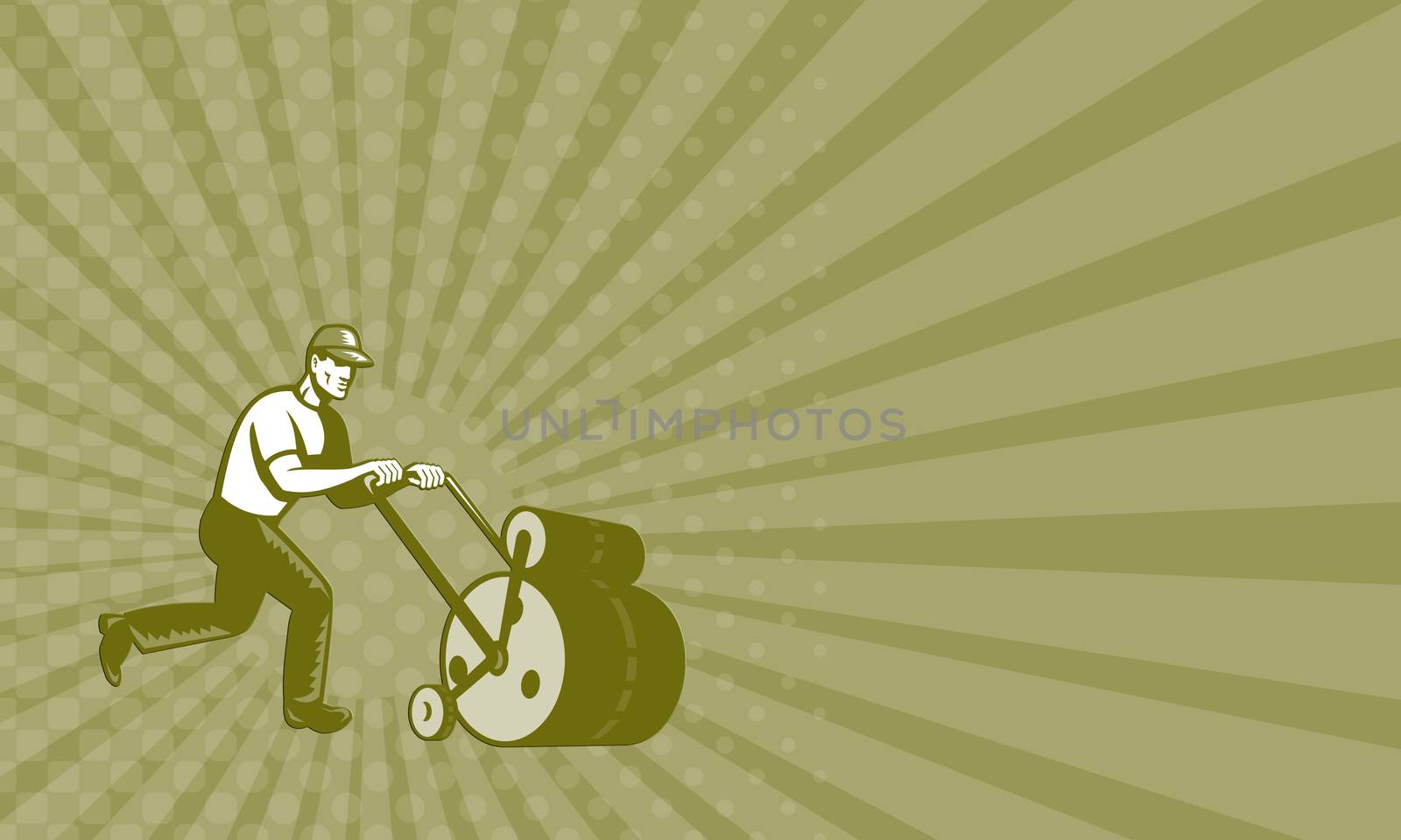 Business card showing illustration of retro style male gardener walking pushing lawn roller viewed from side on blue screen background.