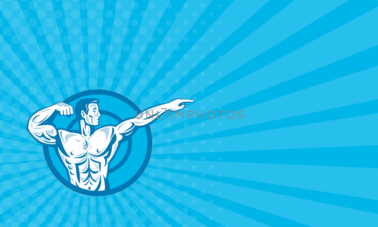 Business card showing llustration of a bodybuilder training exercise flexing muscle pointing viewed from the side set inside circle done in retro style.