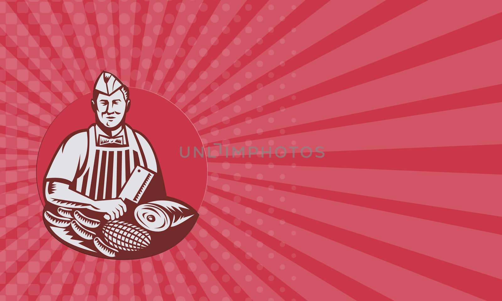 Business card showing retro style illustration of a butcher cutter worker with meat cleaver knife facing front set inside circle on isolated background.