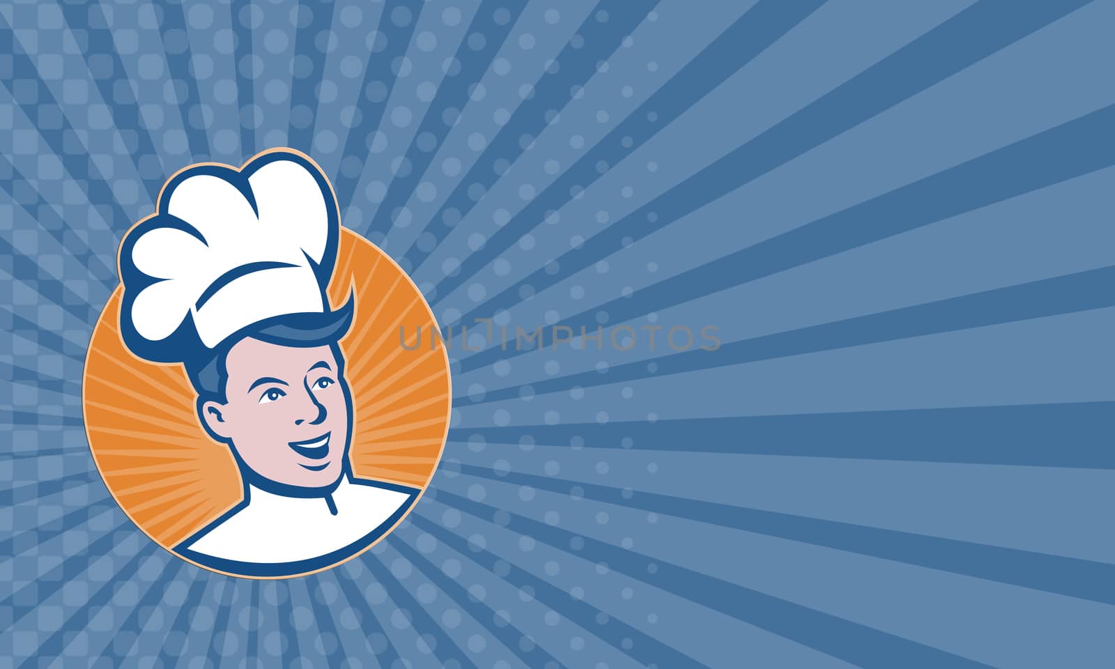 Business card showing illustration of a chef cook baker head set inside circle done in retro style.
