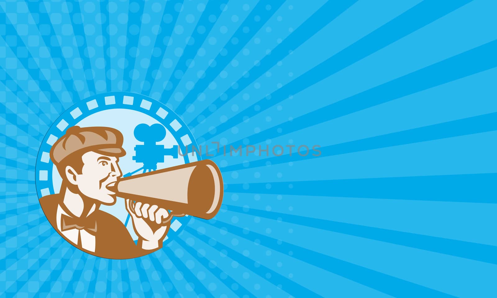 Business card showing illustration of a movie director shouting using bullhorn with vintage film video camera set inside circle with film reel done in retro style.