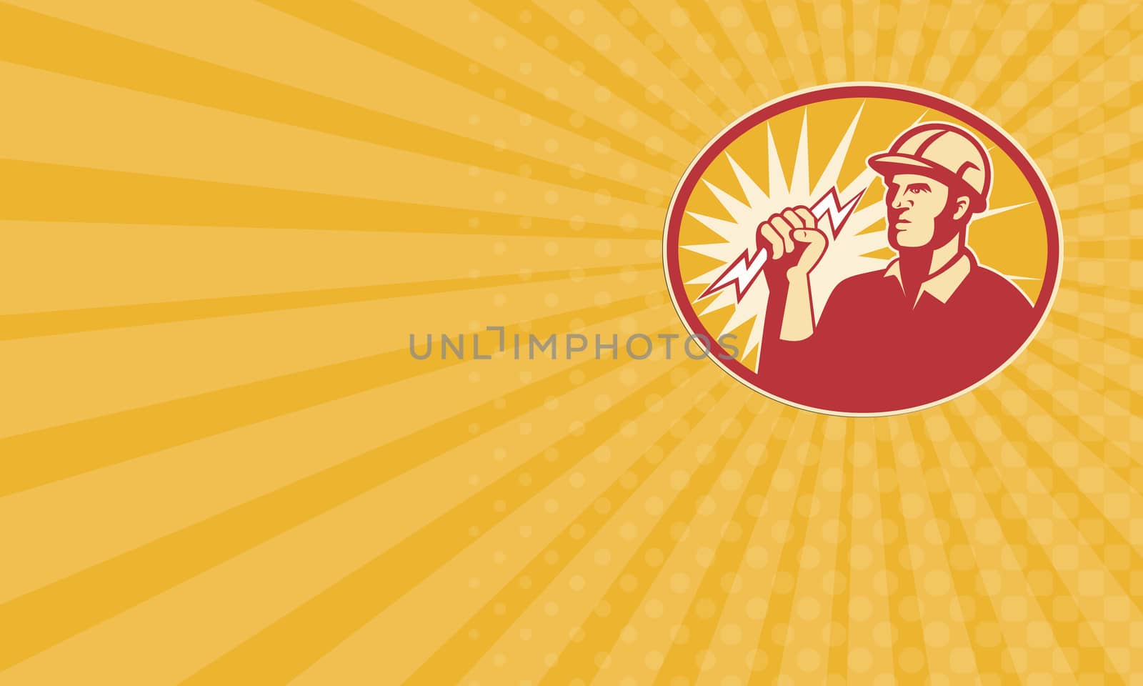 Business card showing illustration of an electrician power lineman lineworker holding lightning bolt done in retro style set inside ellipse.