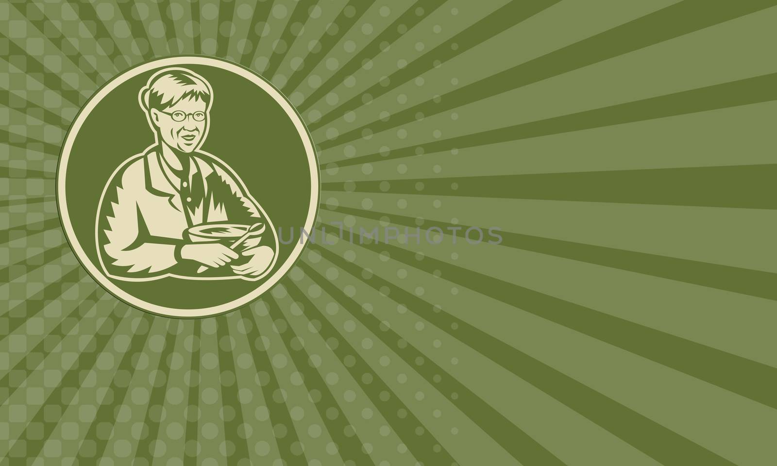 Business card showing illustration of an old senior mature woman granny grandmother cooking with mixing bowl facing front done in retro woodcut style set inside circle.