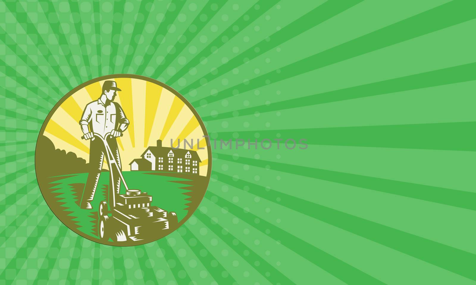 Business card showing illustration of a gardener with lawn mower mowing with residential house in background set inside circle done in retro woodcut style.