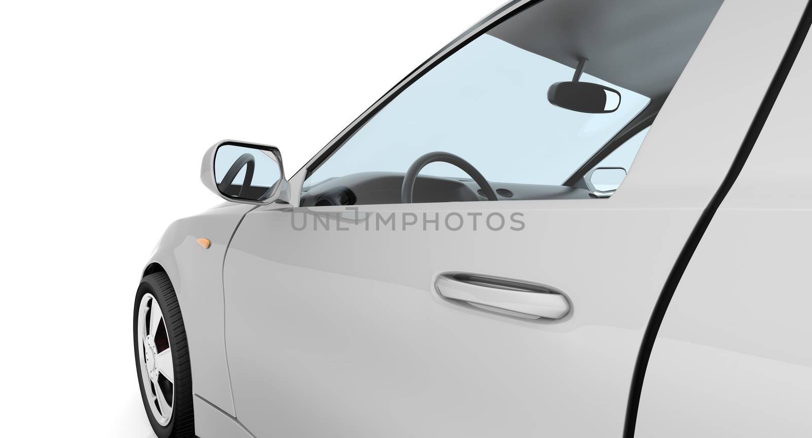 White car on isolated white background, close-up view of door