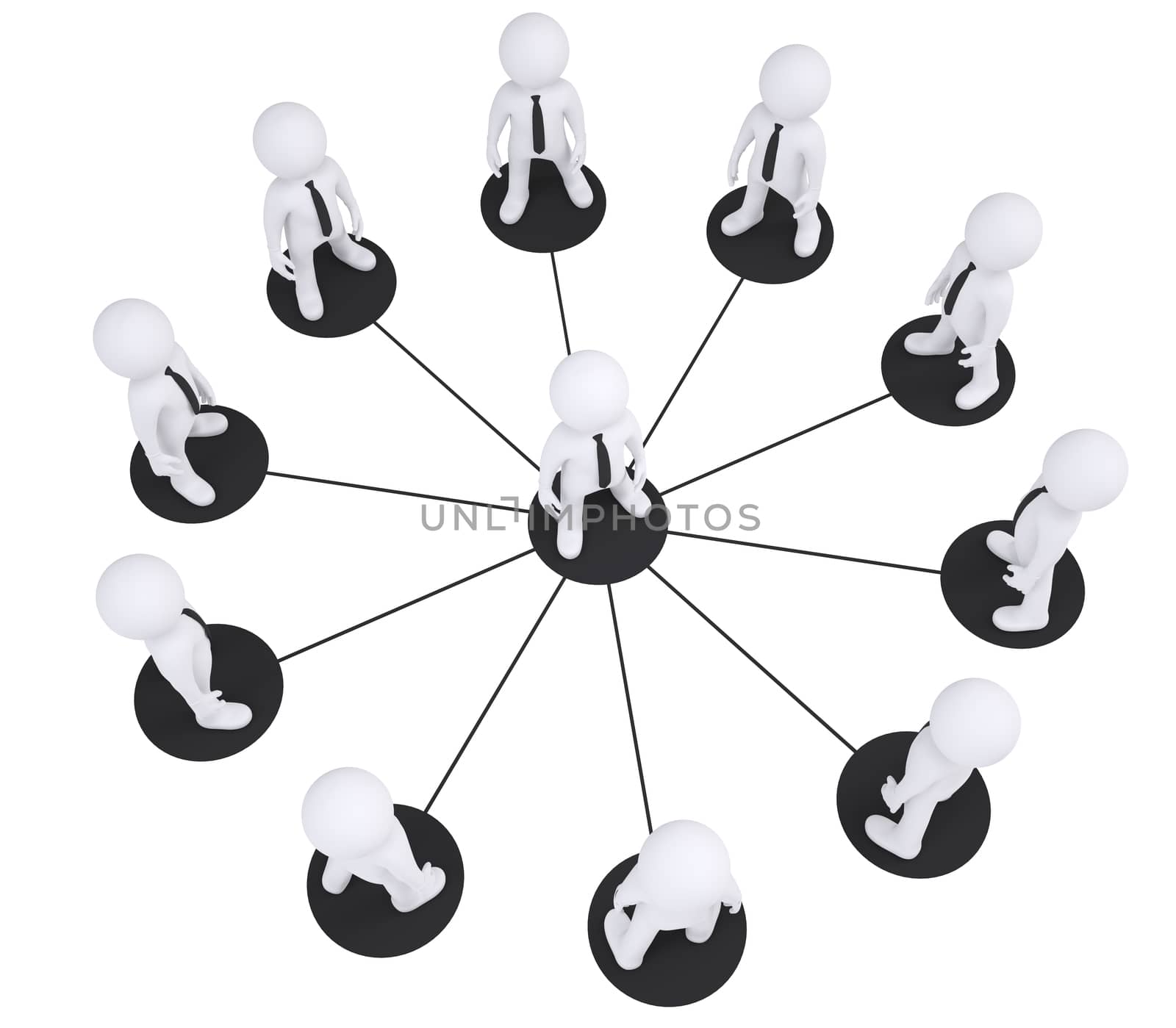Set of puppet people around one puppet on isolated white background, top view