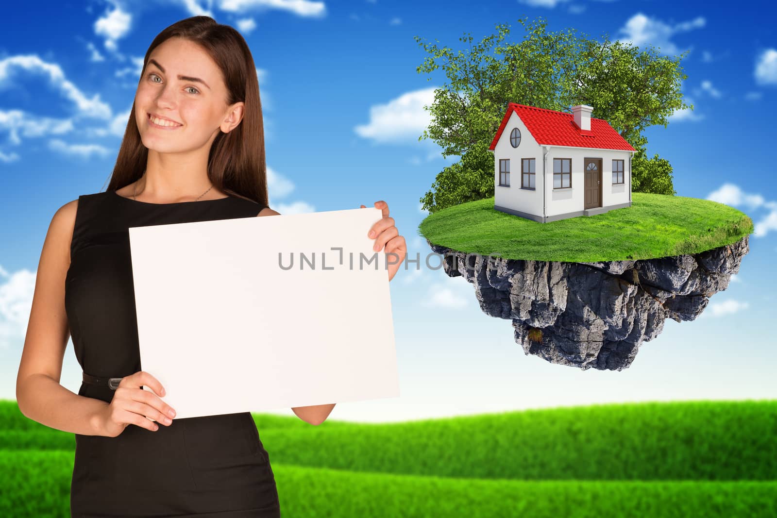 Smiling young businesswoman holding blank paper on nature background