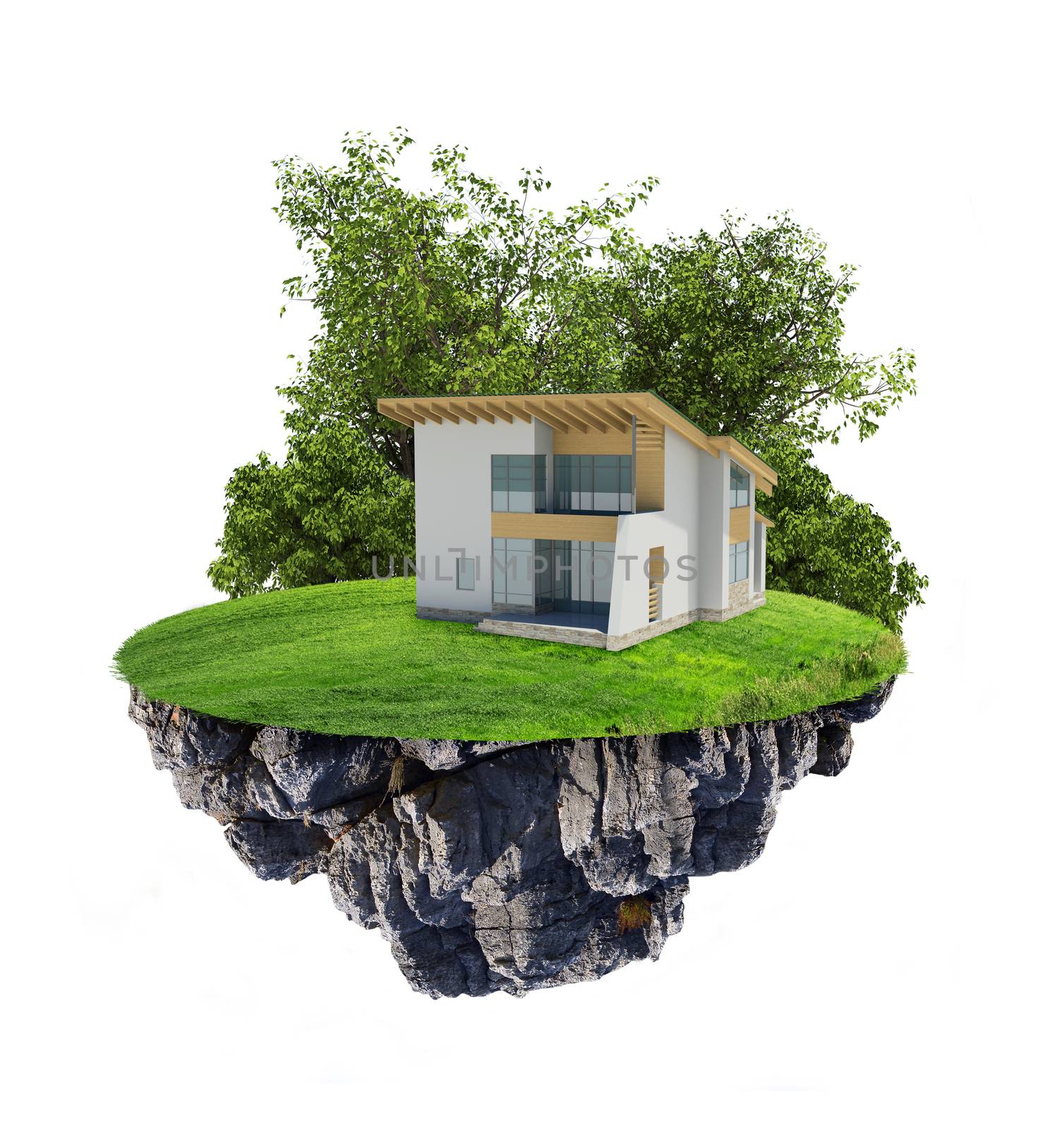 House with brown roof on island on isolated white background