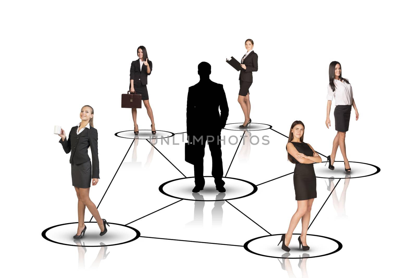 Group of business people with silhouette businessman leader in center in isolated white background