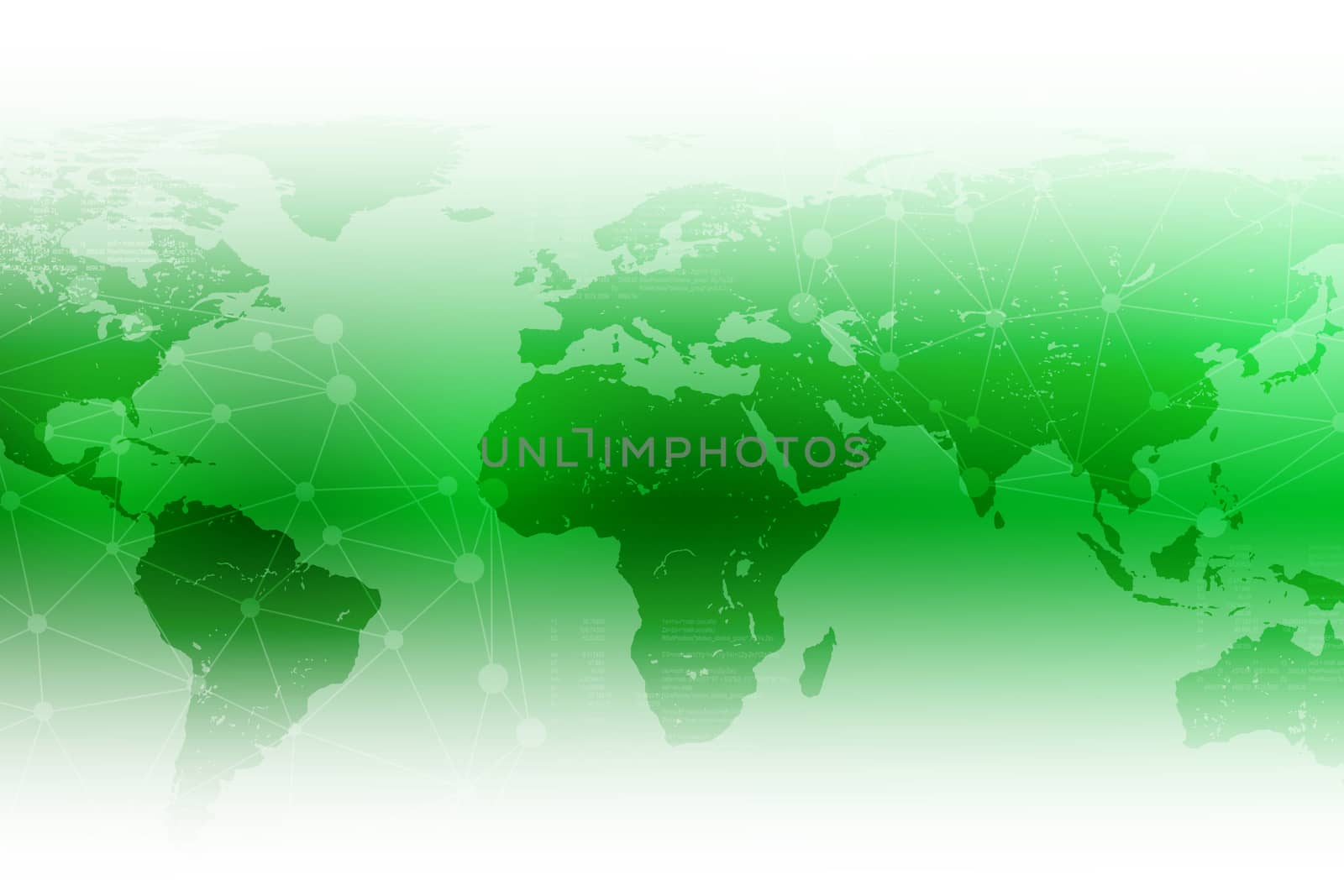 Bright abstract green background with world map and molecule