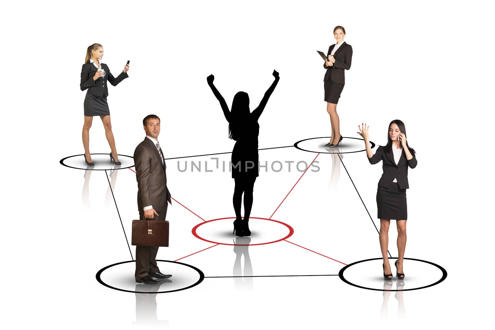 Group of business people with silhouette businesswoman leader in center in isolated white background
