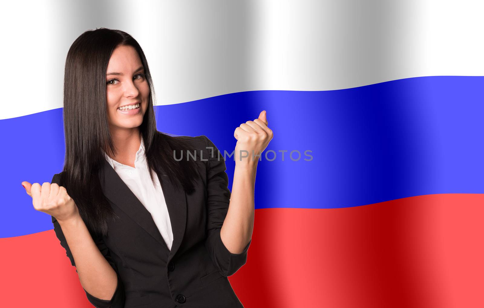 Smiling woman in winner posture on Russia flag background