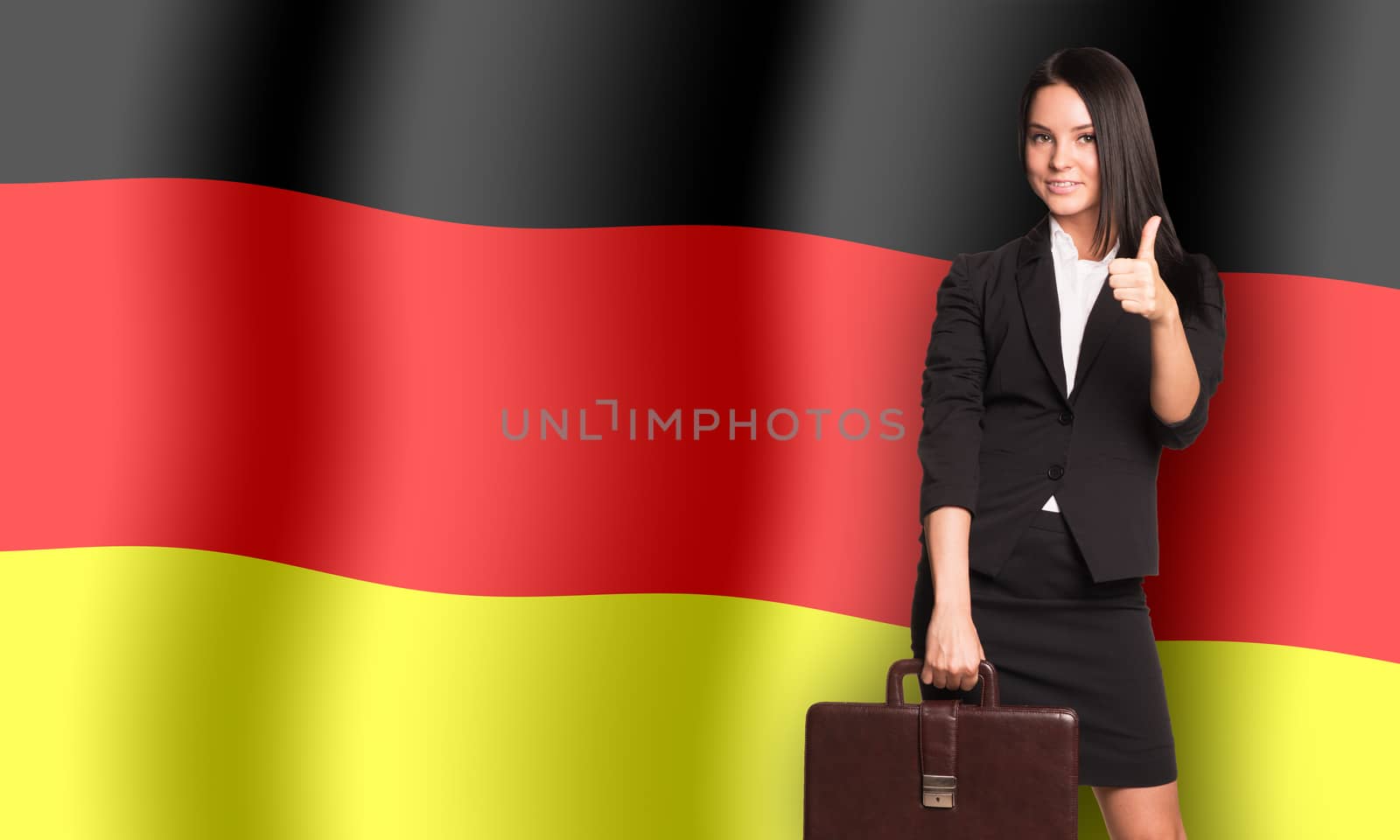 Smiling woman with suitcase on Germany flag background