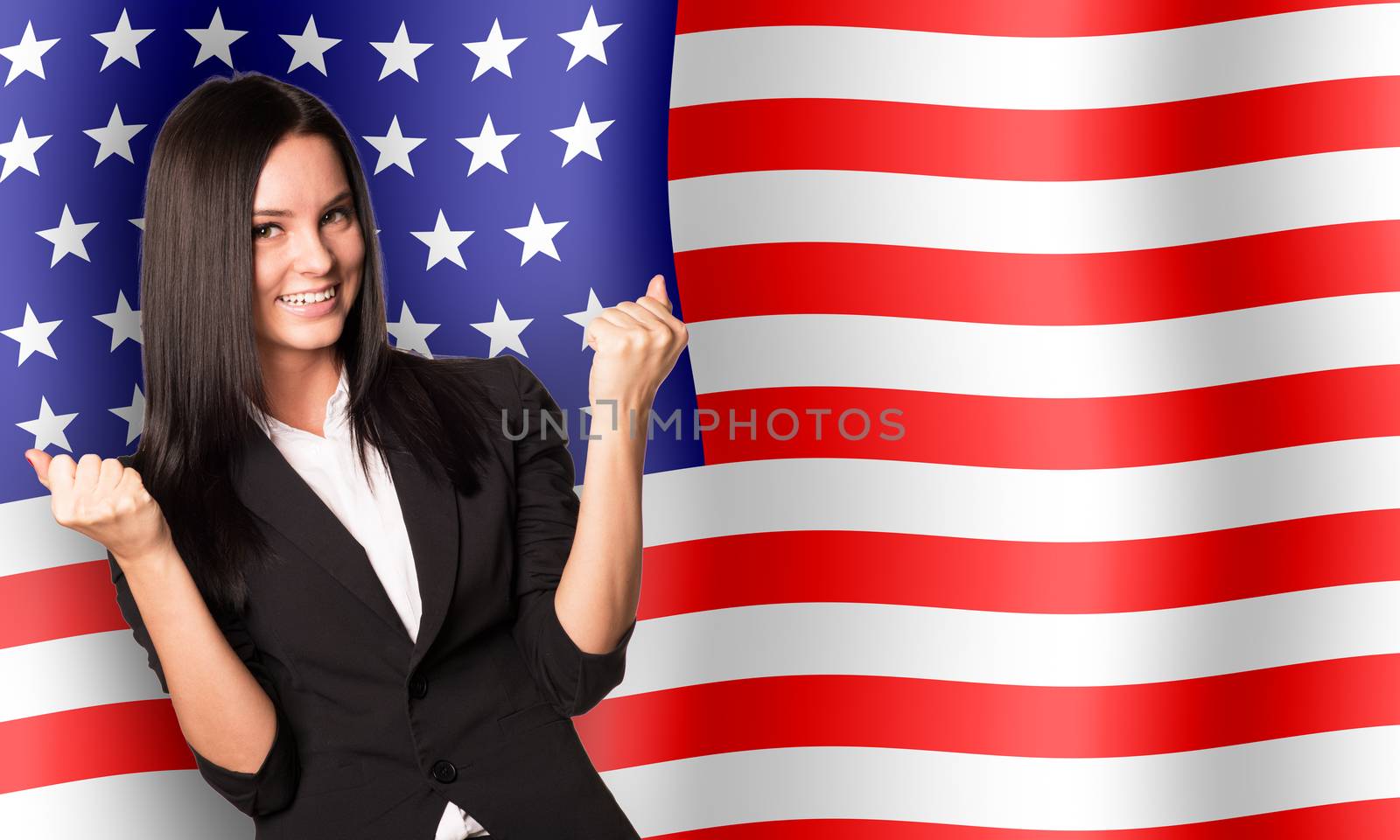 Smiling woman in winner posture by cherezoff