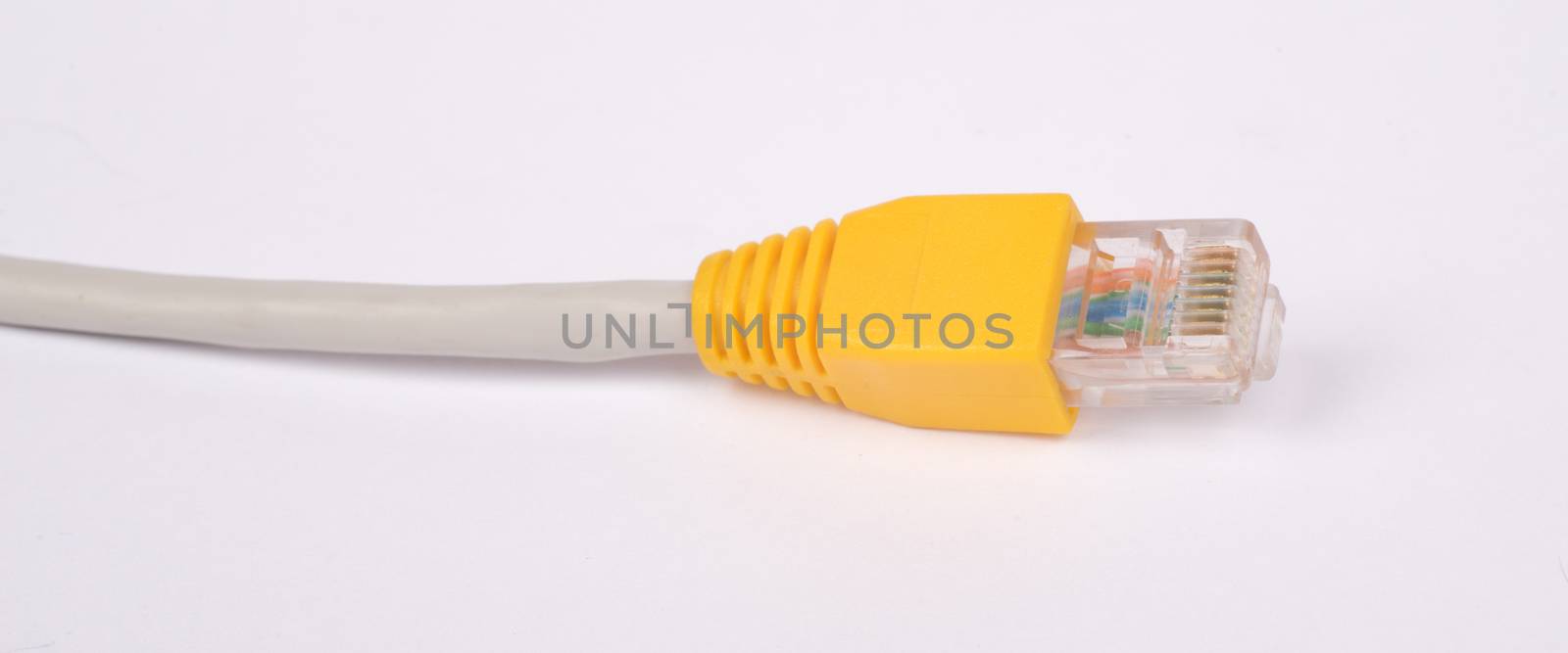 Yellow computer cable on isolated white background, close up view