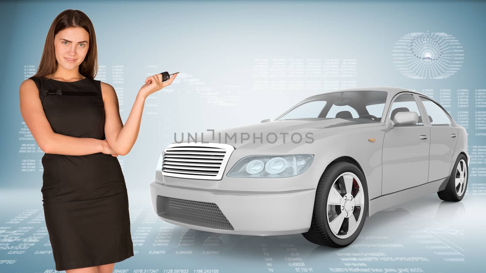 Businesslady holding car key looking at camera on abstract blue background