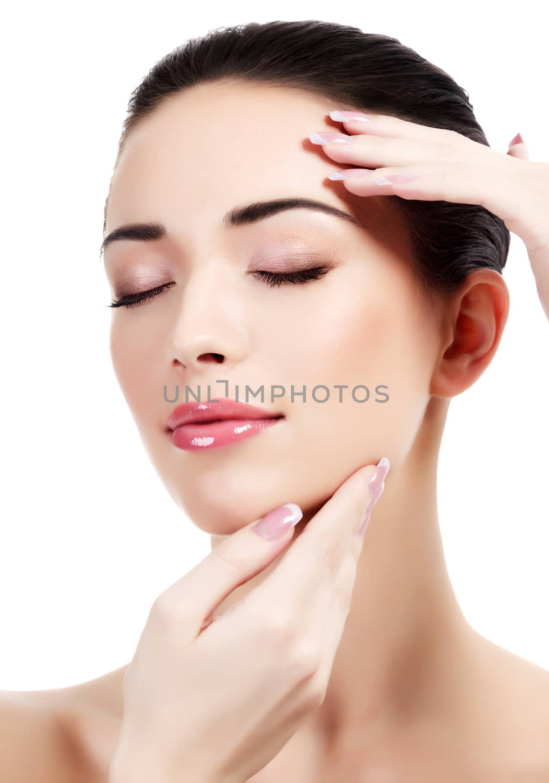 female face and hands, white background, copyspace