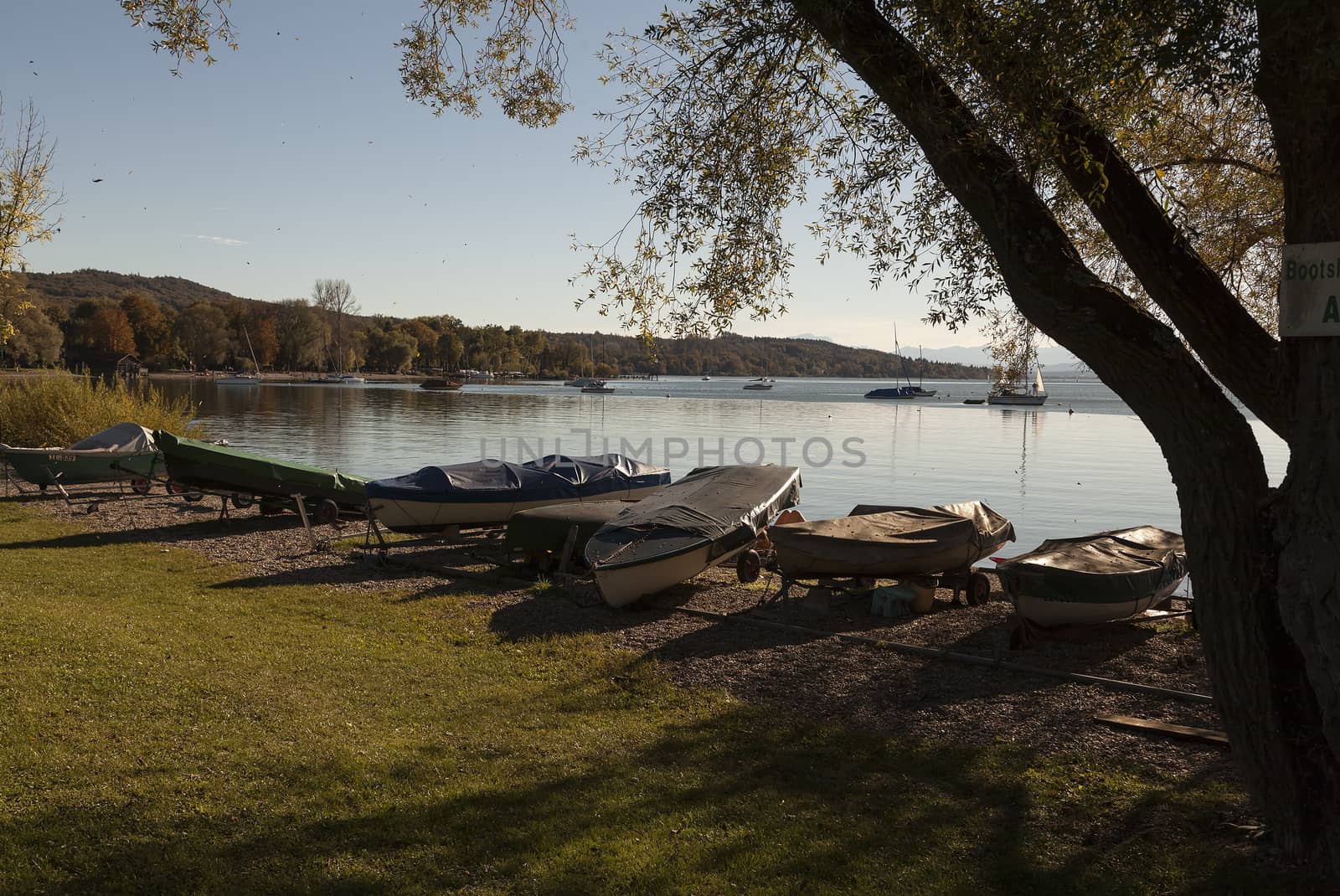 A group of boats on land in front of a lake