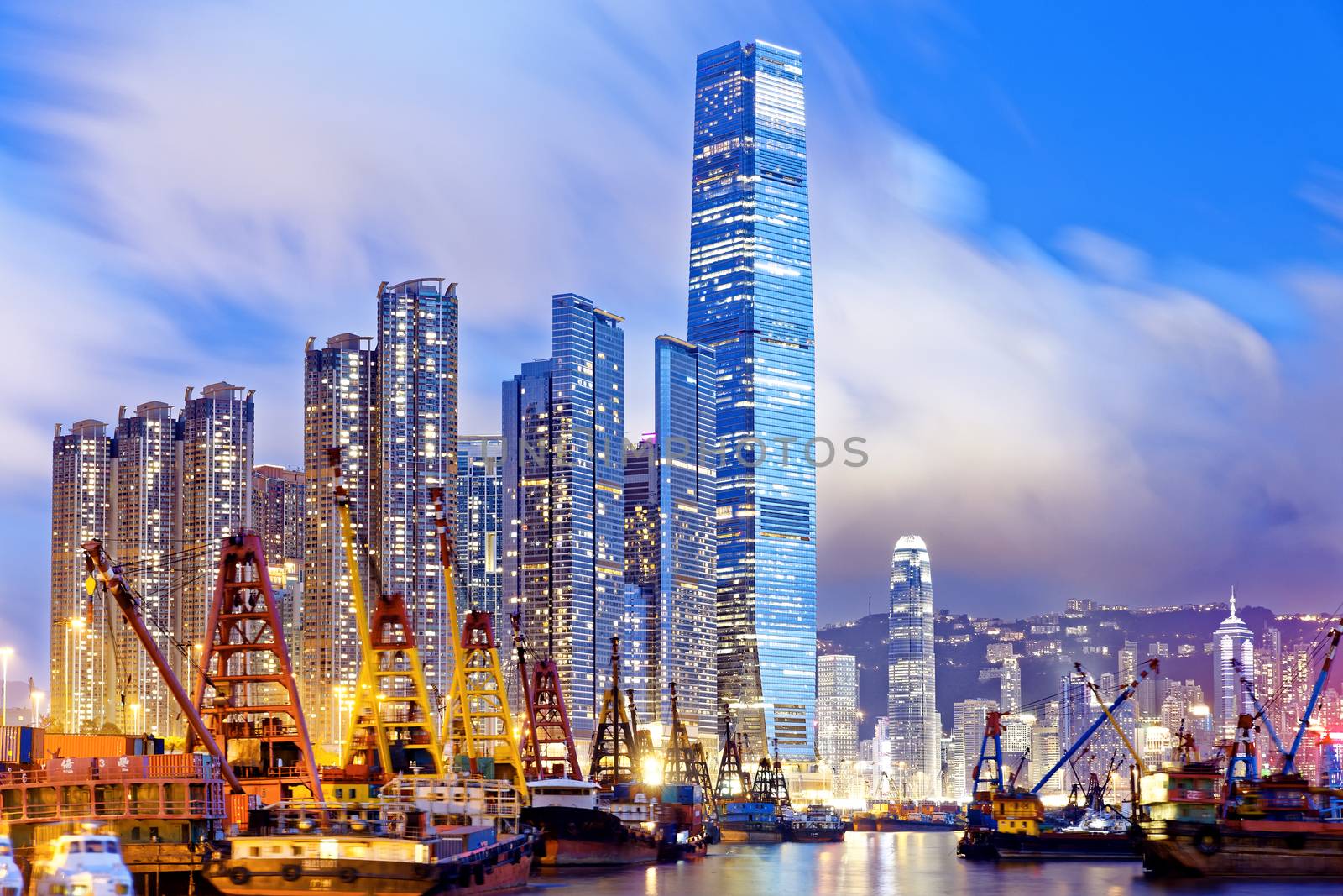 Hong Kong at night, office buildings background