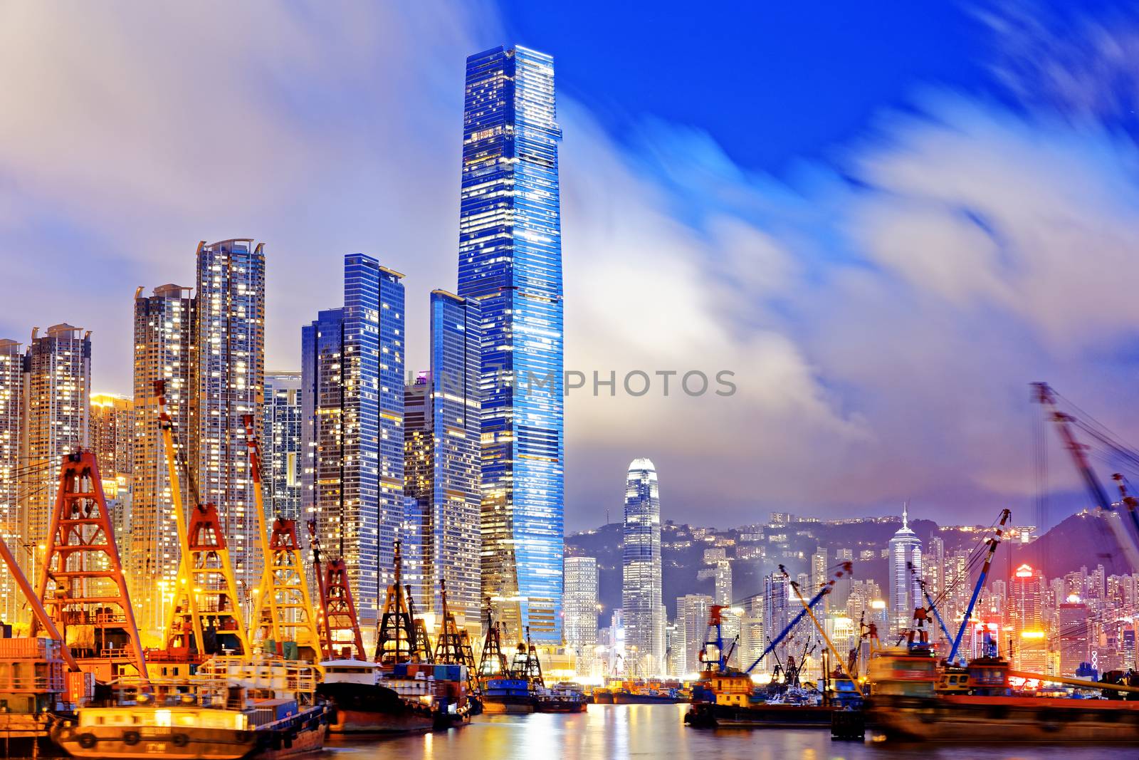 Hong Kong at night, office buildings background