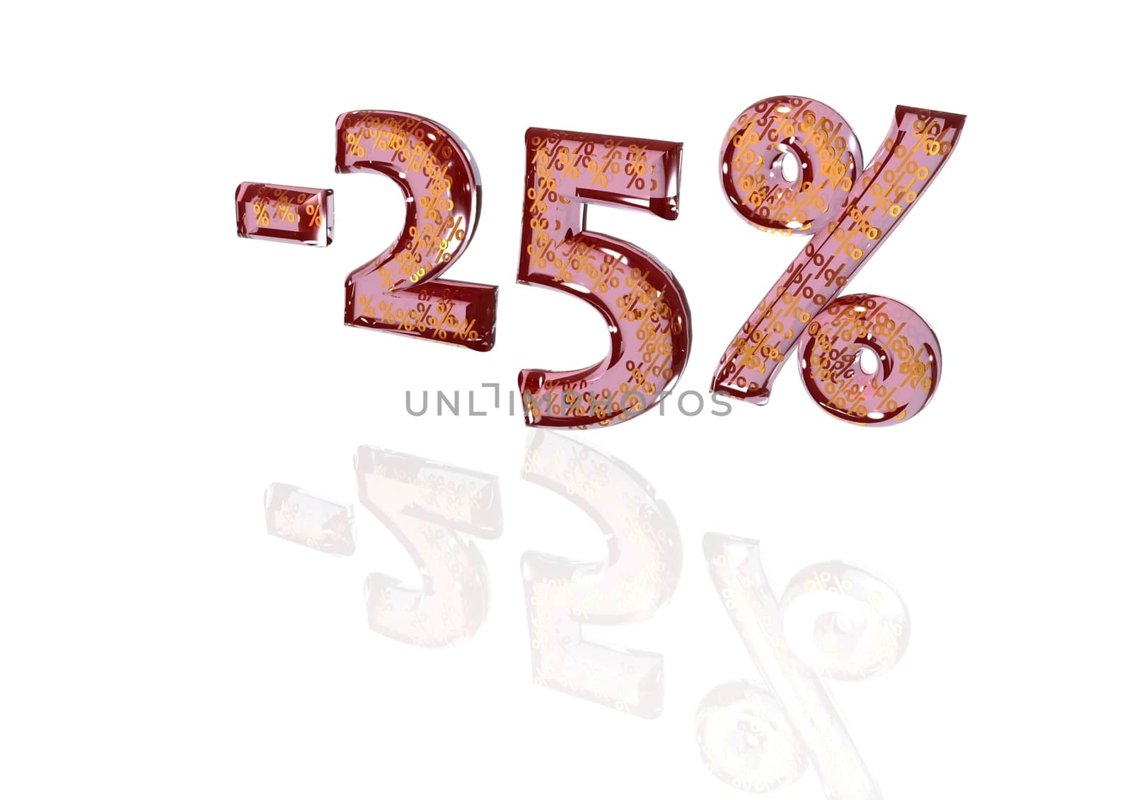 Transparent inscription minus 25 percent with a set of gold signs of percent in it