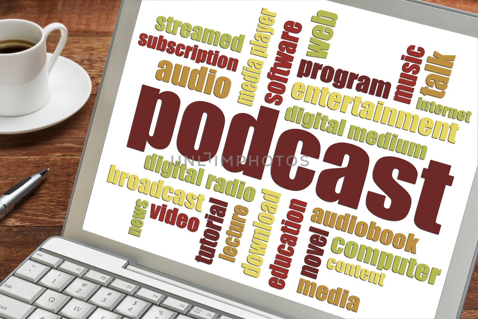 podcast word cloud on a laptop screen with a cup of coffee - internet broadcasting concept