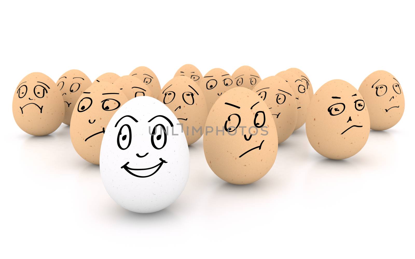 One happy smiling egg amongst sad, angry and envious crowd of eggs isolated on white background