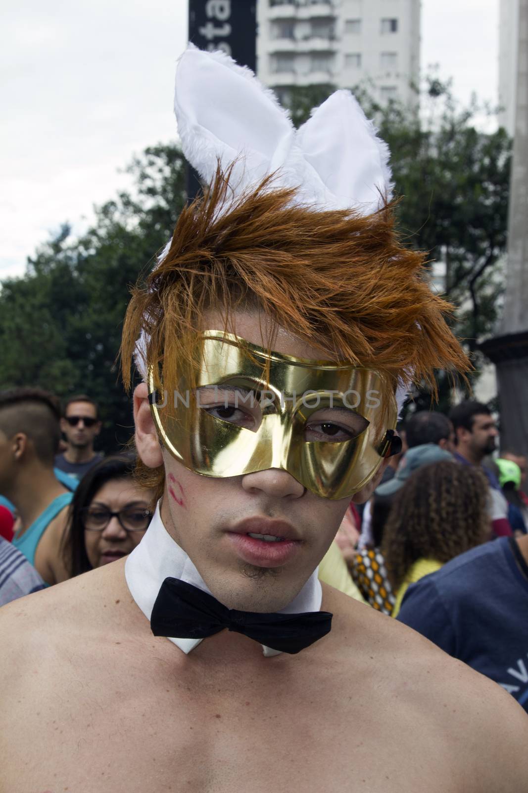 SAO PAULO, BRAZIL - June 7, 2015: An unidentified man  wearing costume and celebrating lesbian, gay, bisexual, and transgender culture in the 19º Pride Parade Sao Paulo.