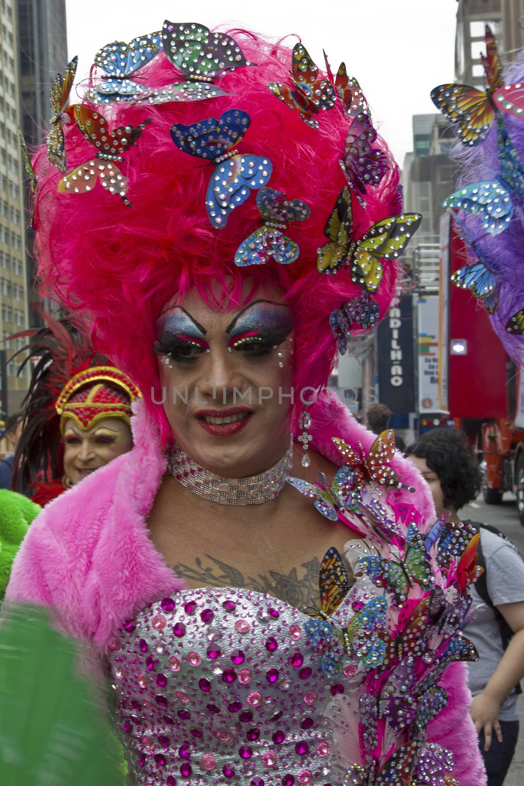 SAO PAULO, BRAZIL - June 7, 2015: An unidentified Drag Queen dressed in traditional costume celebrating lesbian, gay, bisexual, and transgender culture in the 19º Pride Parade Sao Paulo.