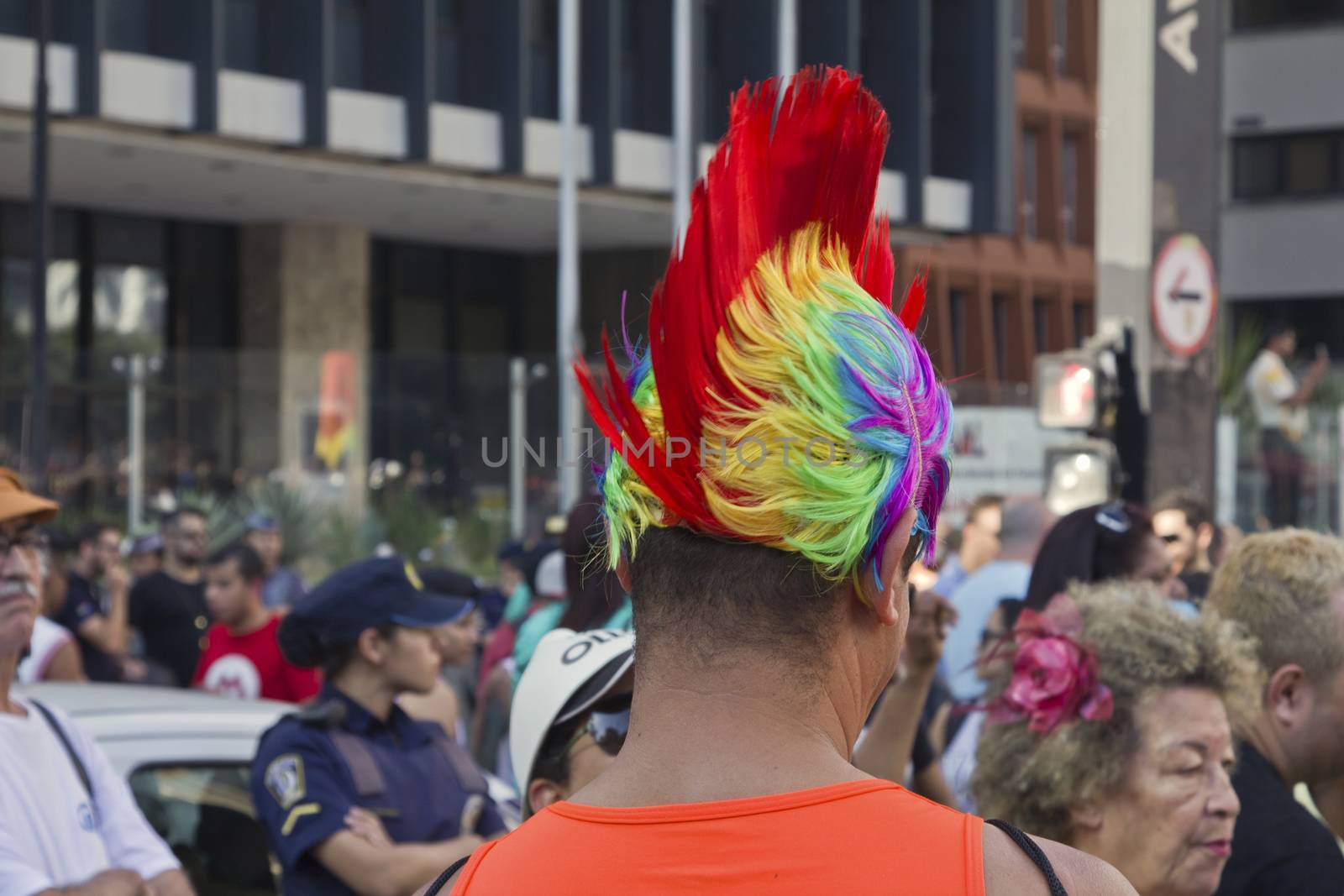 SAO PAULO, BRAZIL - June 7, 2015: An unidentified man  wearing costume and celebrating lesbian, gay, bisexual, and transgender culture in the 19º Pride Parade Sao Paulo.