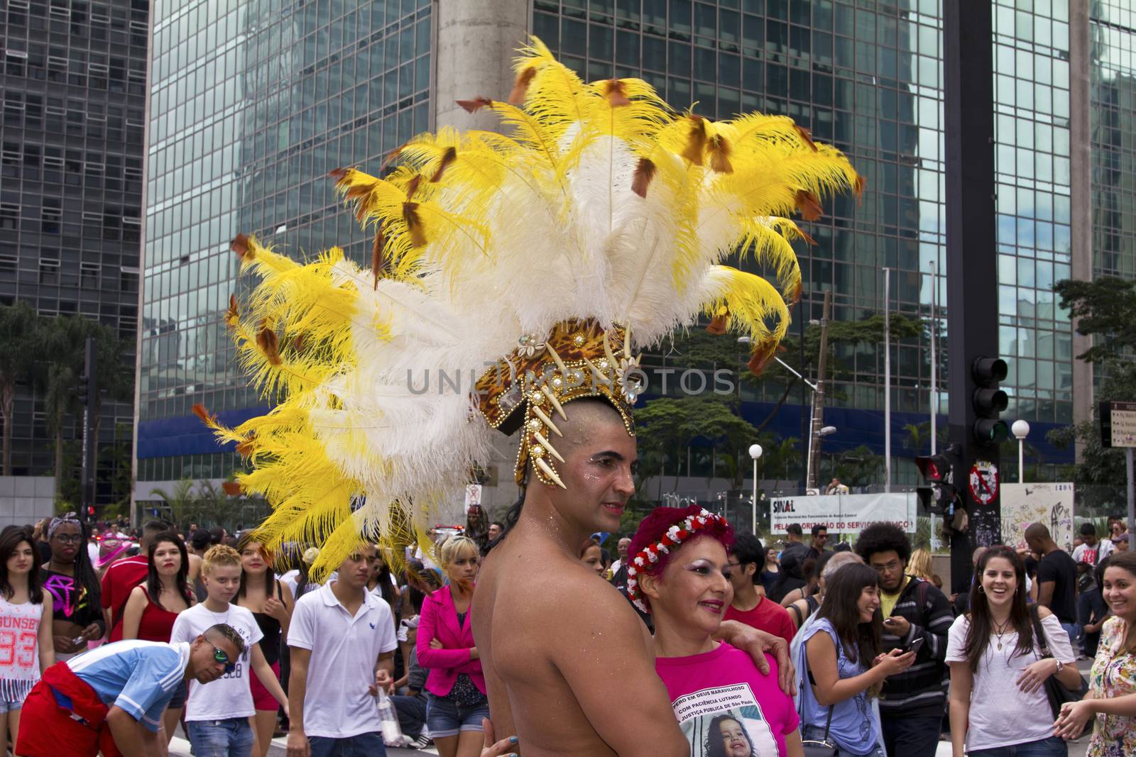 SAO PAULO, BRAZIL - June 7, 2015: An unidentified man  wearing costume and celebrating lesbian, gay, bisexual, and transgender culture in the 19º Pride Parade Sao Paulo.