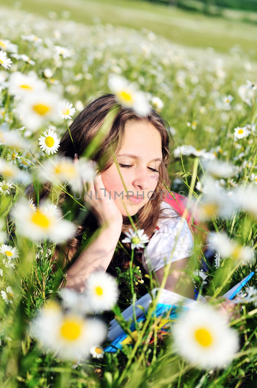 reading teen girl laying on the daisy meadow