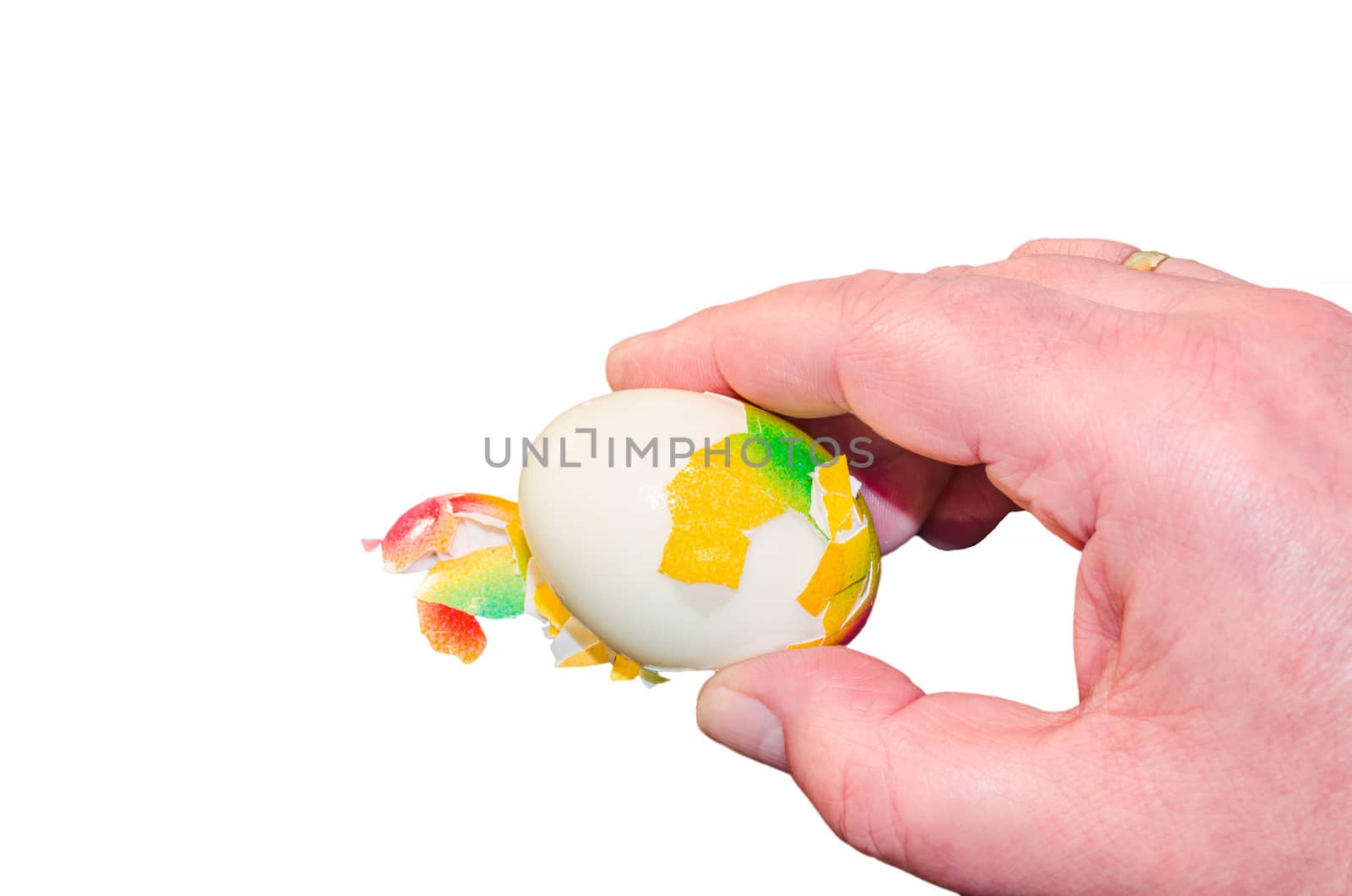 Hand with easter egg, against white  background.