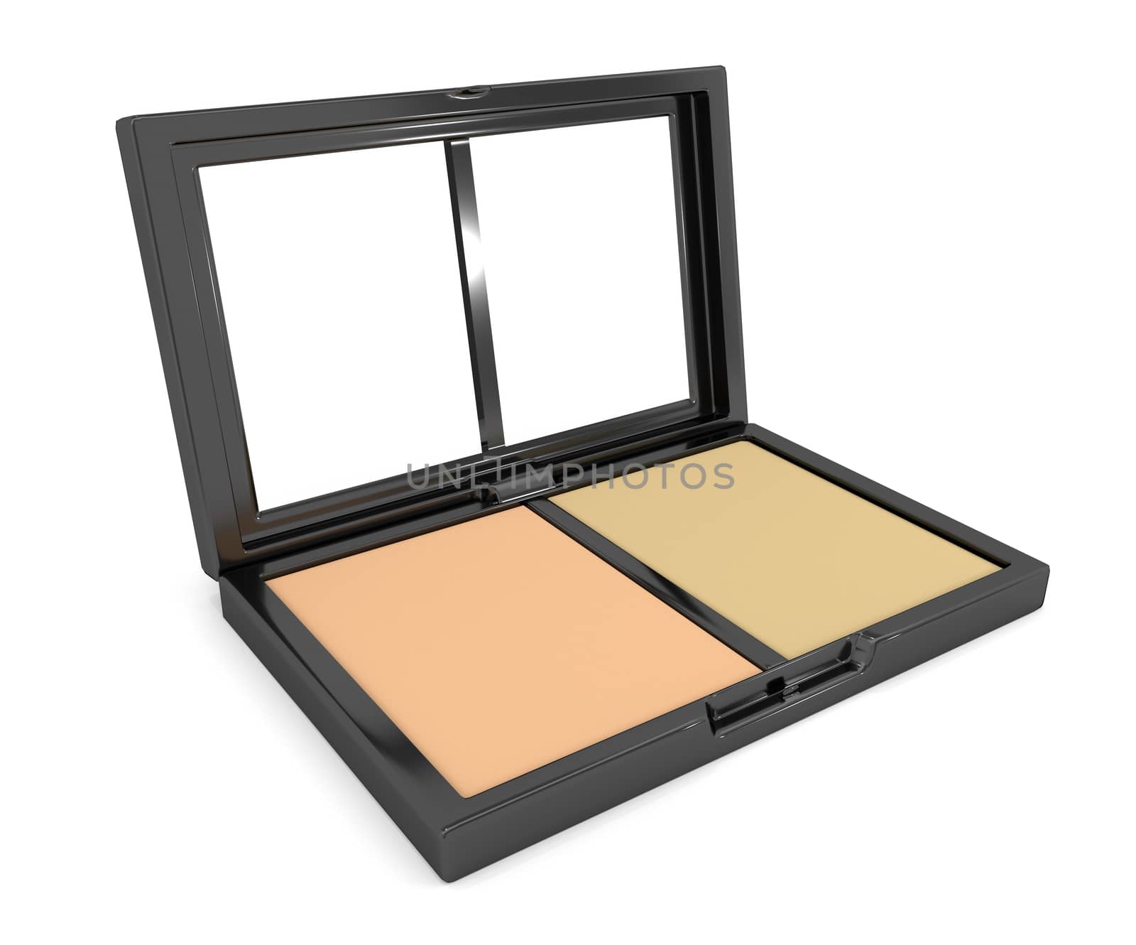 Illustration depicting a cosmetic pressed powder compact arranged over white.
