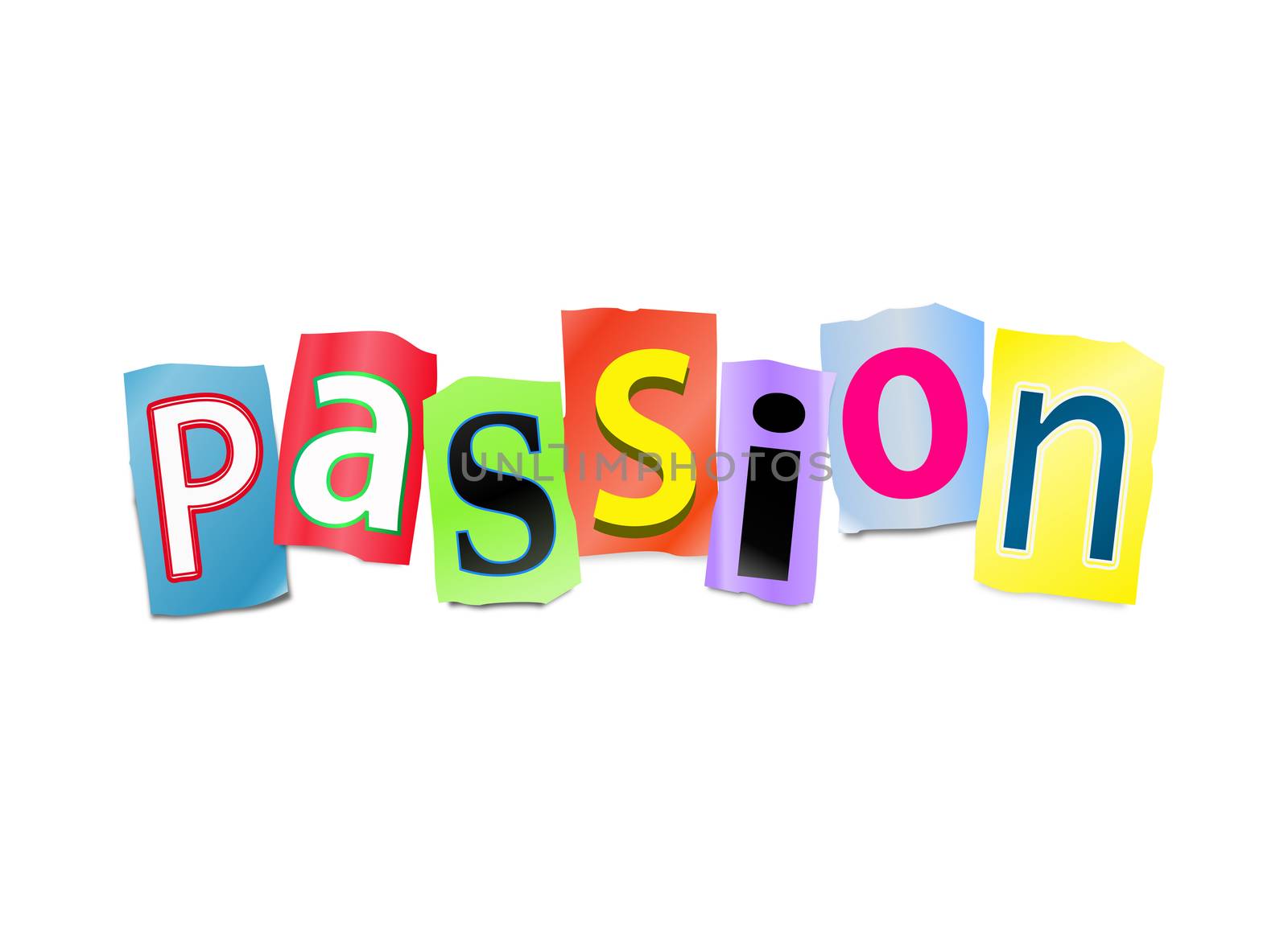 Illustration depicting a set of cut out printed letters arranged to form the word Passion.